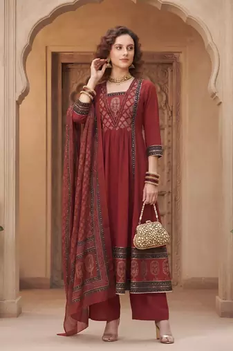 Maroon floral printed cotton kurta set