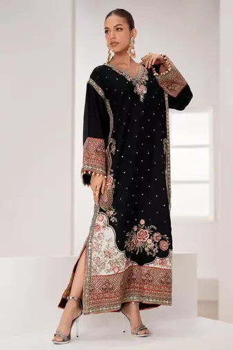 Black silk blend embroidered kurta set