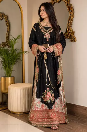 Black silk blend embroidered kurta set