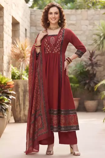 Maroon floral printed cotton kurta set