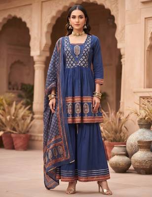Blue floral printed cotton kurta set 1
