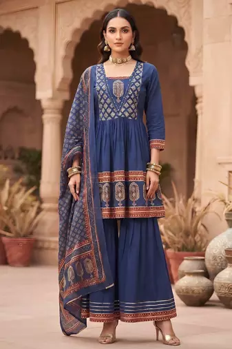 Blue floral printed cotton kurta set