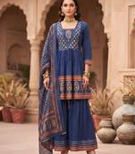 Blue floral printed cotton kurta set