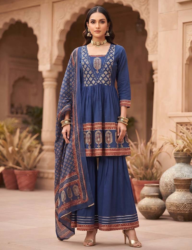 Blue floral printed cotton kurta set