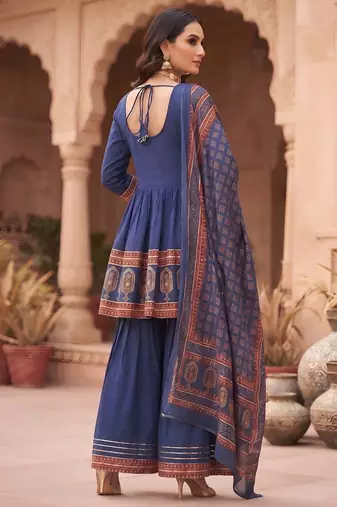 Blue floral printed cotton kurta set