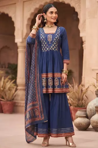 Blue floral printed cotton kurta set