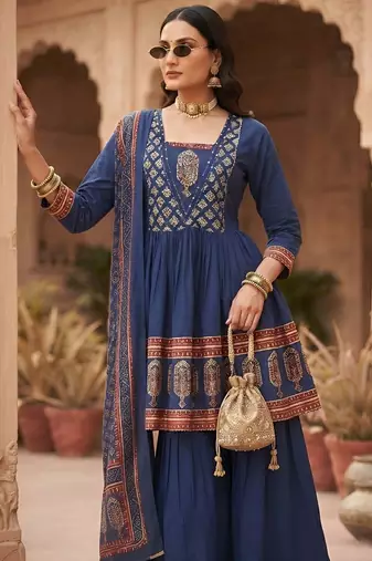 Blue floral printed cotton kurta set
