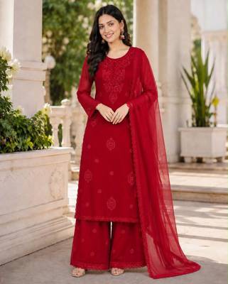 Red georgette embroidered palazzo set 1