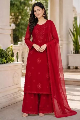 Red georgette embroidered palazzo set