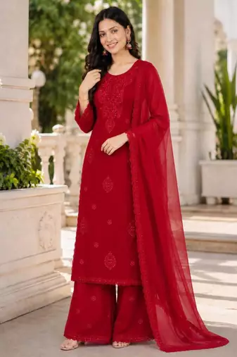 Red georgette embroidered palazzo set