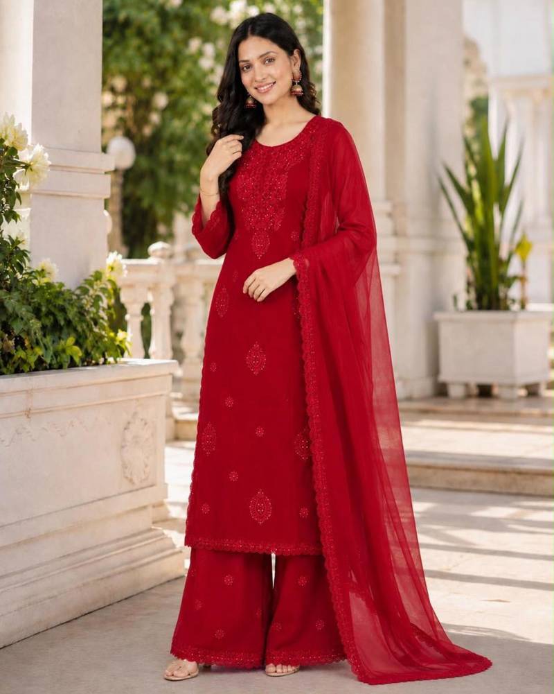 Red georgette embroidered palazzo set