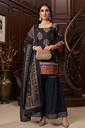 Black floral printed cotton kurta set