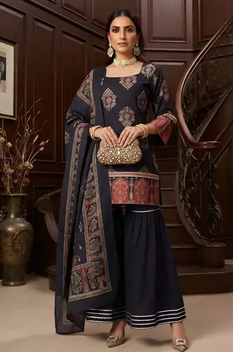 Black floral printed cotton kurta set