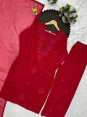Red georgette embroidered palazzo set 3