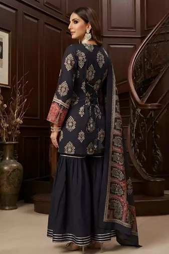 Black floral printed cotton kurta set