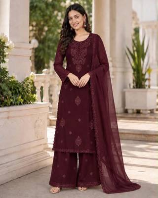 Wine georgette embroidered palazzo set 1