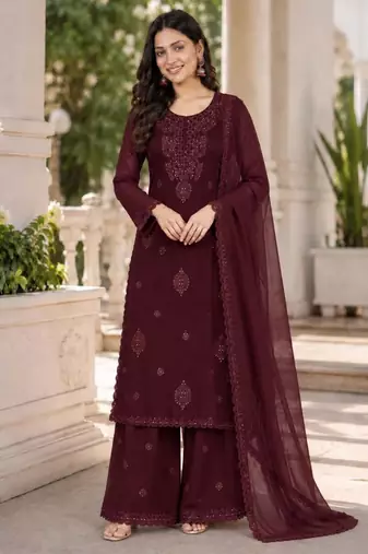 Wine georgette embroidered palazzo set