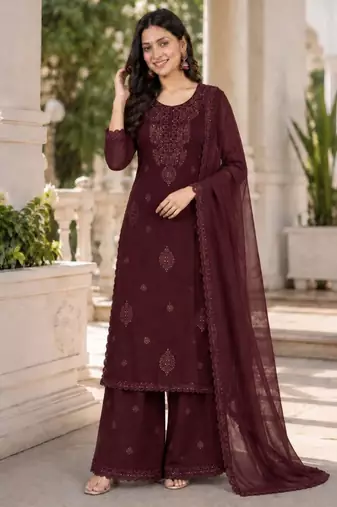 Wine georgette embroidered palazzo set