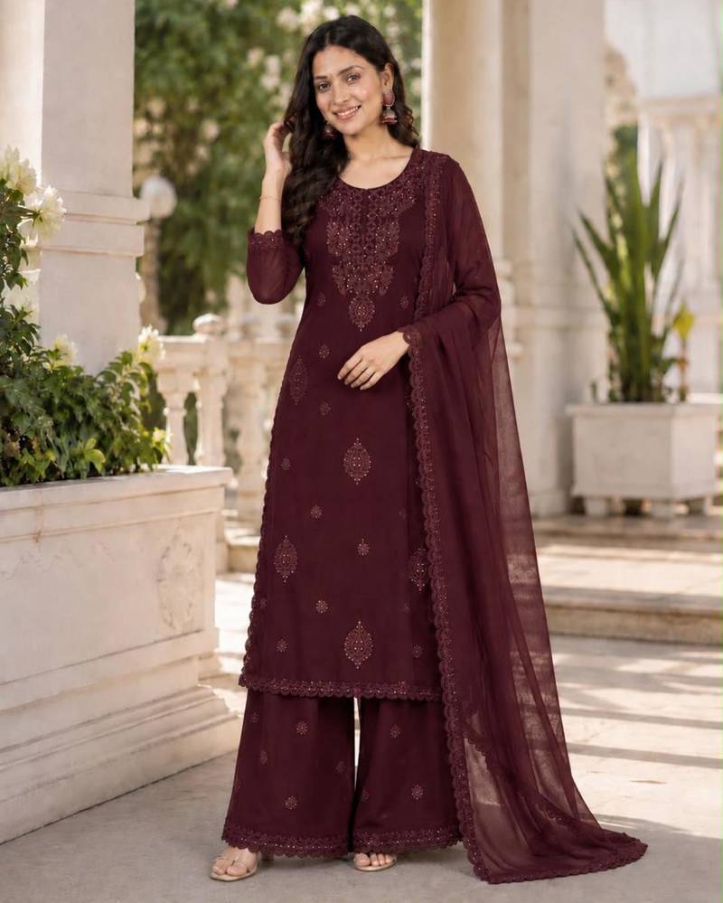 Wine georgette embroidered palazzo set