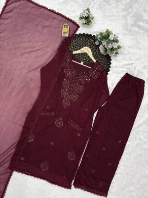 Wine georgette embroidered palazzo set 3