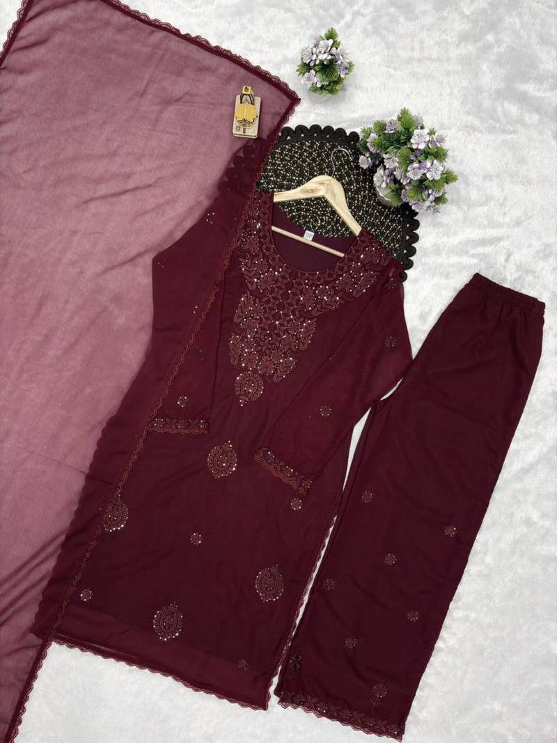 Wine georgette embroidered palazzo set