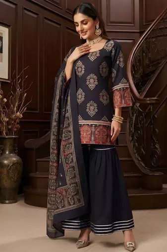 Black floral printed cotton kurta set