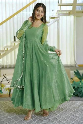 Green silk blend plain flared gown set