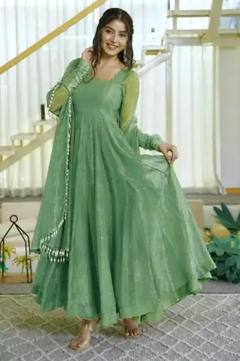 Green silk blend plain flared gown set