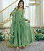 Green silk blend plain flared gown set