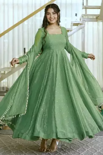 Green silk blend plain flared gown set