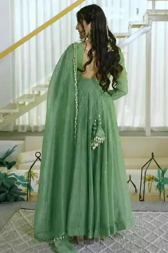 Green silk blend plain flared gown set