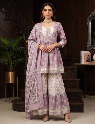 Lavender floral printed cotton kurta set 1