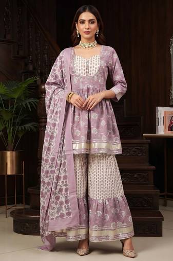 Lavender floral printed cotton kurta set