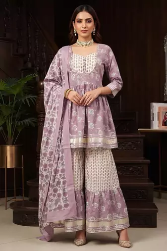 Lavender floral printed cotton kurta set