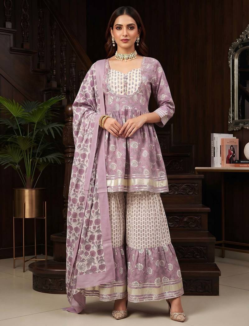 Lavender floral printed cotton kurta set