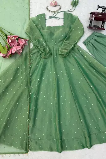 Green silk blend plain flared gown set