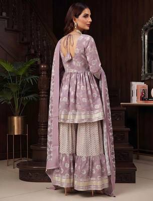 Lavender floral printed cotton kurta set 2