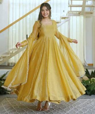 Yellow silk blend plain flared gown set 1
