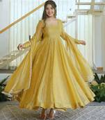 Yellow silk blend plain flared gown set