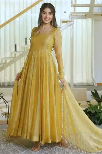Yellow silk blend plain flared gown set