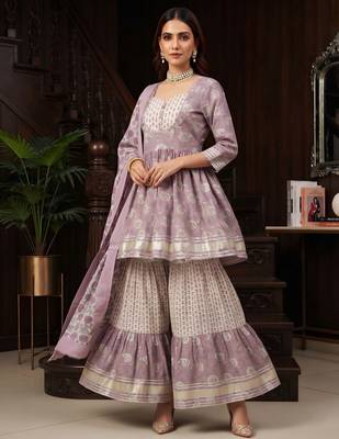 Lavender floral printed cotton kurta set 3