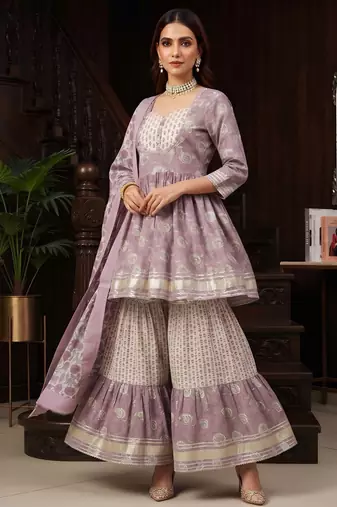 Lavender floral printed cotton kurta set