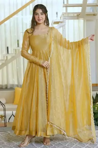 Yellow silk blend plain flared gown set