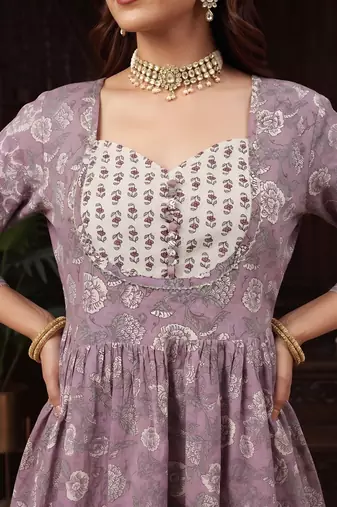 Lavender floral printed cotton kurta set