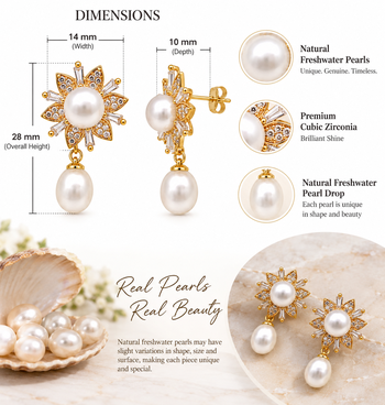 Certified natural freshwater pearls jewellery pearl drop earrings with cz floral stud, gold tone 3