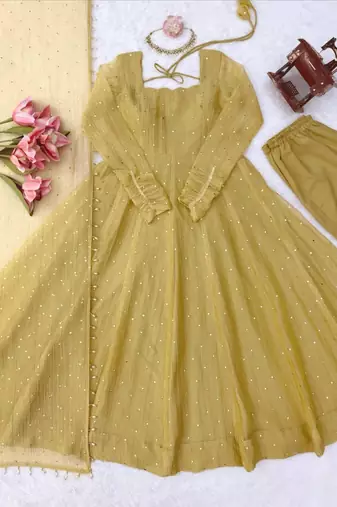Yellow silk blend plain flared gown set
