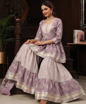Lavender floral printed cotton kurta set 5