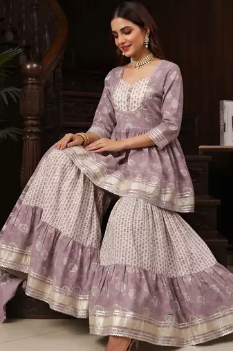 Lavender floral printed cotton kurta set