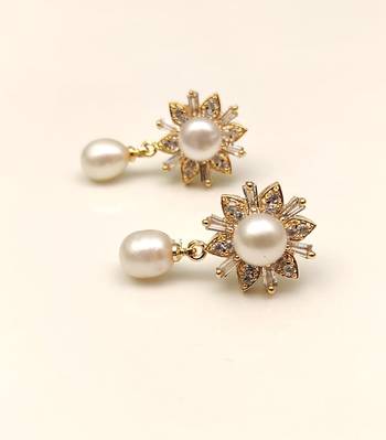 Certified natural freshwater pearls jewellery pearl drop earrings with cz floral stud, gold tone 4