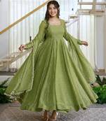 Green silk blend plain flared gown set